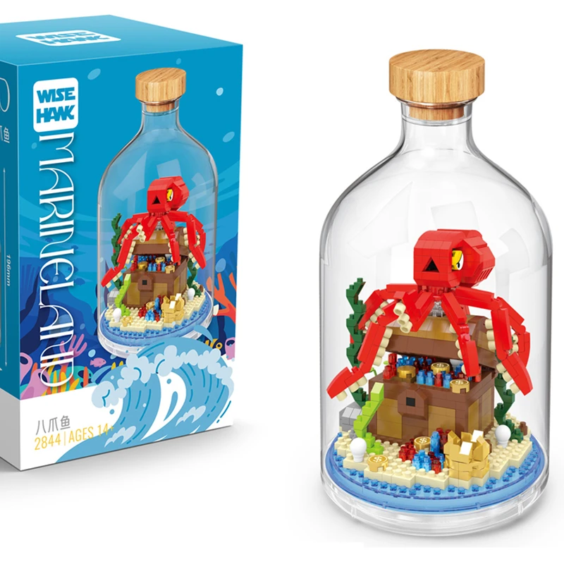 DIY MOC Drifting Bottle Ocean Animal Octopuses Pufferfish Seahorses Hermit Crabs  Building Blocks Model Bricks Kids Sets Kit Toy