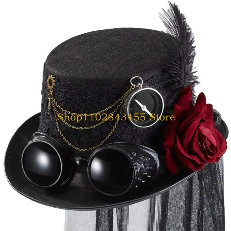 49MC Unisex Steampunk Top Hats Halloween Costume Hat Black Gothic Top Hat with Lace Ruffle and Flower for Women Dress Up