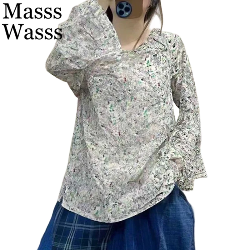 

Классические модные топы с цветочным принтом Masss Wasss для женщин, весна 2026, хлопково-льняные футболки, женская корейская винтажная повседневная одежда с круглым вырезом