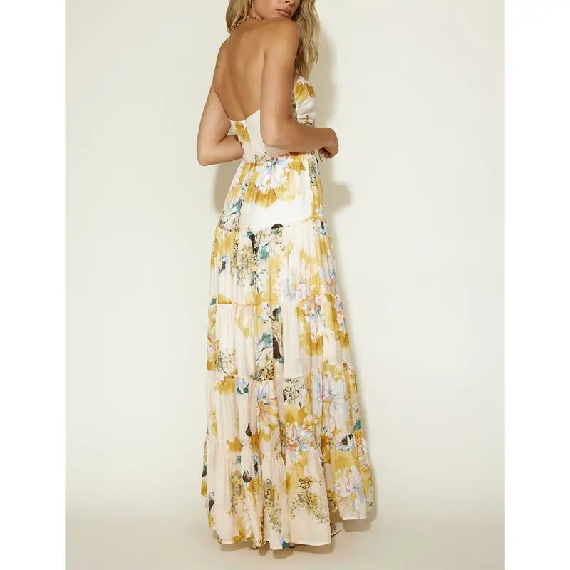 Combhasaki المرأة الصيف الدانتيل متابعة الرسن الرقبة أنيق الأزهار طباعة/التباين اللون انقطاع عارية الذراعين أكمام ألف خط فستان طويل