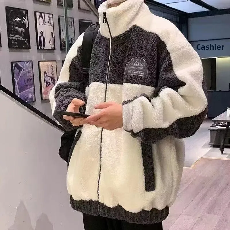 

Lamb Fur Collar Thiened Cotton Jaet Men's Oversized Trendy Winter Coat Polyester Filling Long Sve Zipper Closure Casua...