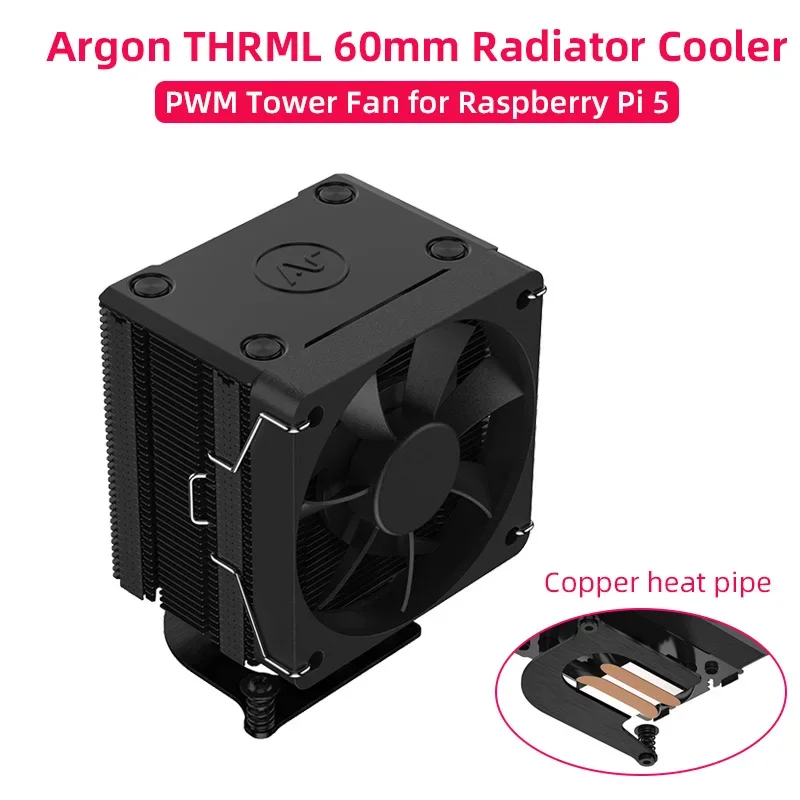 

Raspberry Pi 5 Argon THRML 60mm Radiator Cooler with Copper Heat Pipe Passive Active Cooling Ice Tower PWM Fan for RPI 5 Pi5