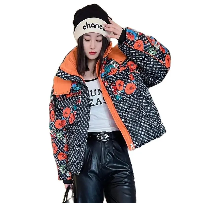 New Down Cotton-Padded Jacket Printed Hooded Thickened Loose Warm Padded Jacket Female Winter Flower Cotton-Padded Jacket