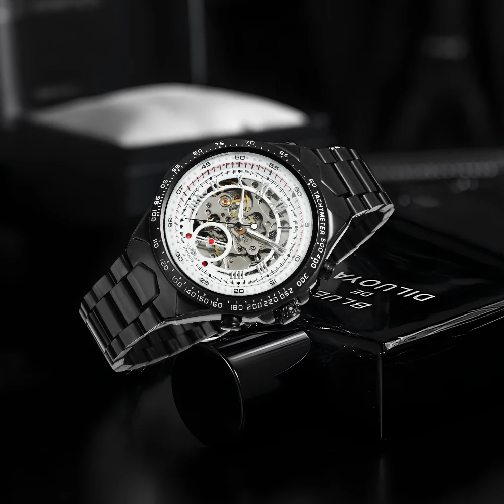 ساعة T-WINNER Business كاجوال للرجال أوتوماتيكية هيكل عظمي ميكانيكية ريترو سوداء مجوفة من الفولاذ المقاوم للصدأ ساعة يد رياضية للرجال