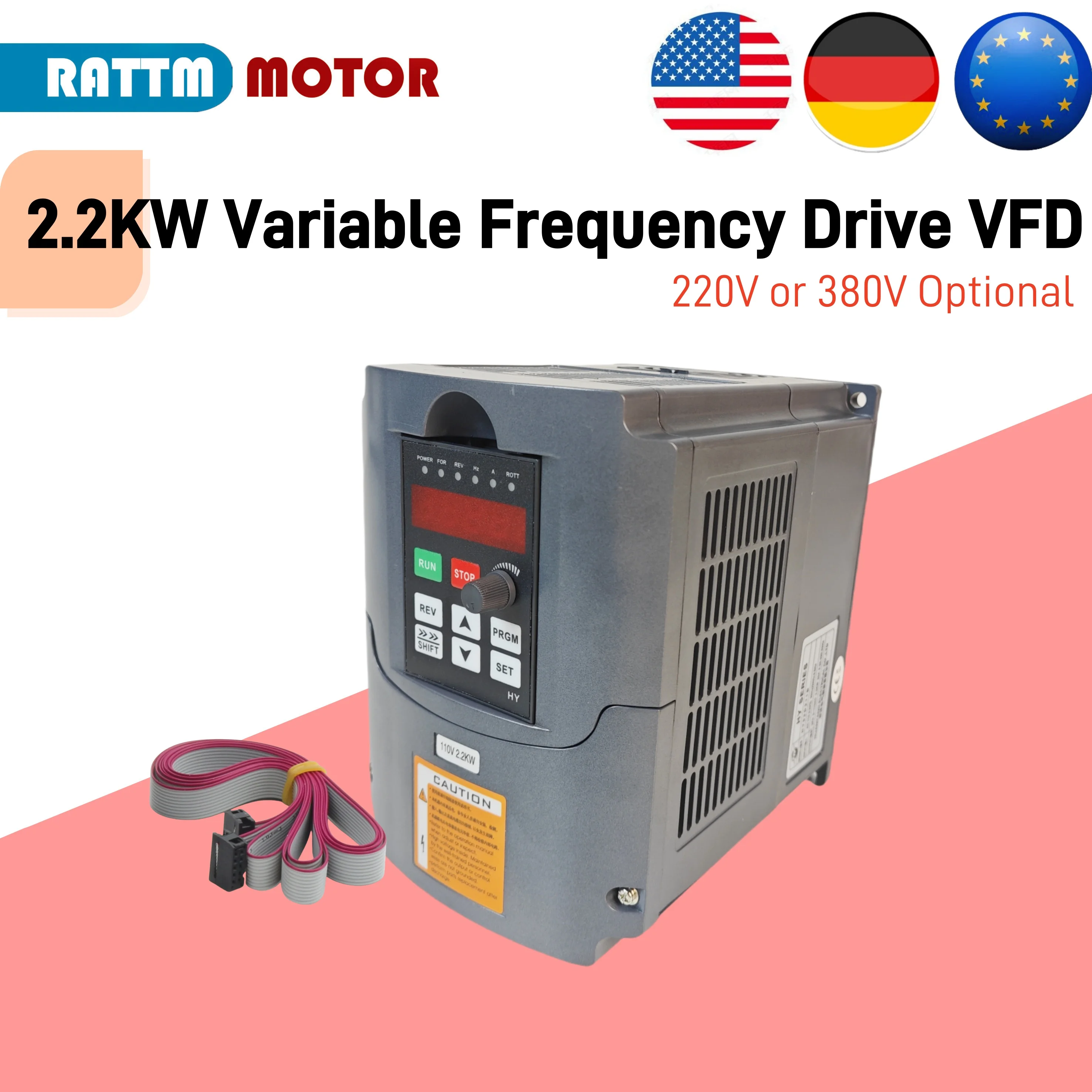【EU&US】RATTM MOTOR 2.2KW Variable Frequency Drive VFD Inverter 3HP 220V VSD for Spindle Motor Drive Control/CNC Router Engraving