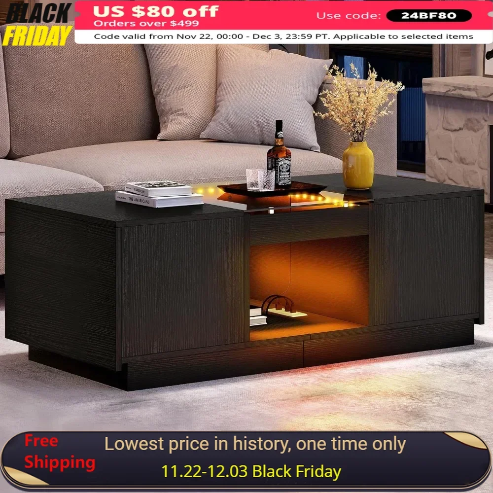 Coffee Table with Storage with LED Lights, 2 Tiers and 2 Drawers, Large Tables with USB Ports and Type-C, Coffee Table