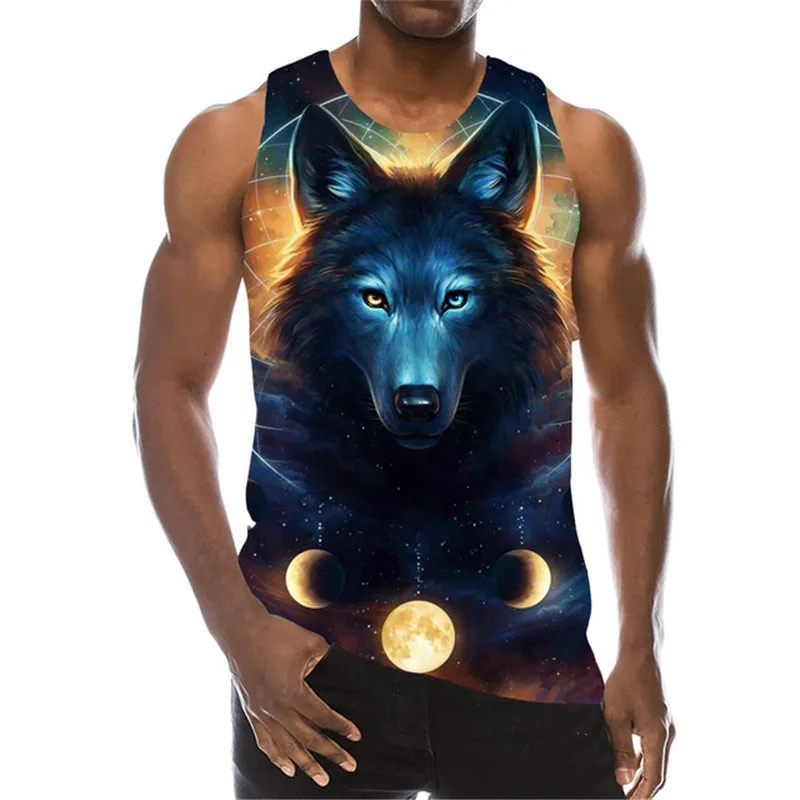 Animal Wolf Pattern Tanks Tops Sleeveless Round-Neck Street Style 3D Print Vest 6XL Plus Size Man Clothing Loose Casual Top