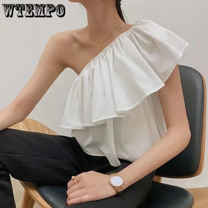 Women Shirts Blouses Sexy Bare Shoulder Sleeveless Top Summer Solid Shirt Lotus Neckline Elegant Pleated Blouse Fashion Y2K Tops