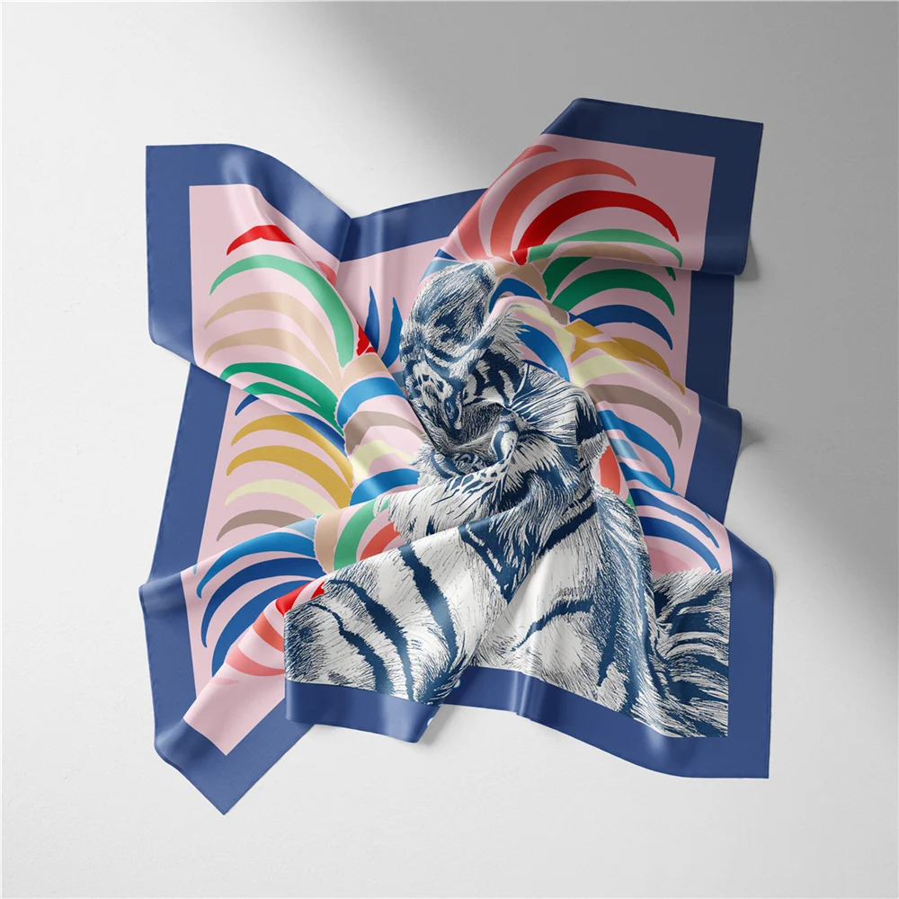 Twill-Seidenschal für Damen, indischer Tiger-Druck, quadratische Schals, Wickel, Bandana, kleine Hijabs, Seidenfoulards, Krawatte, Stirnband, Halstuch, 53 cm – Detail 3