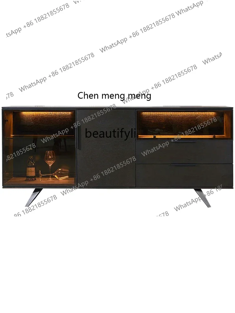 G153 Italian Solid Wood Glass Sideboard Cabinet with LED Light Wine Cabinet Modern Minimalist Living Room Locker
