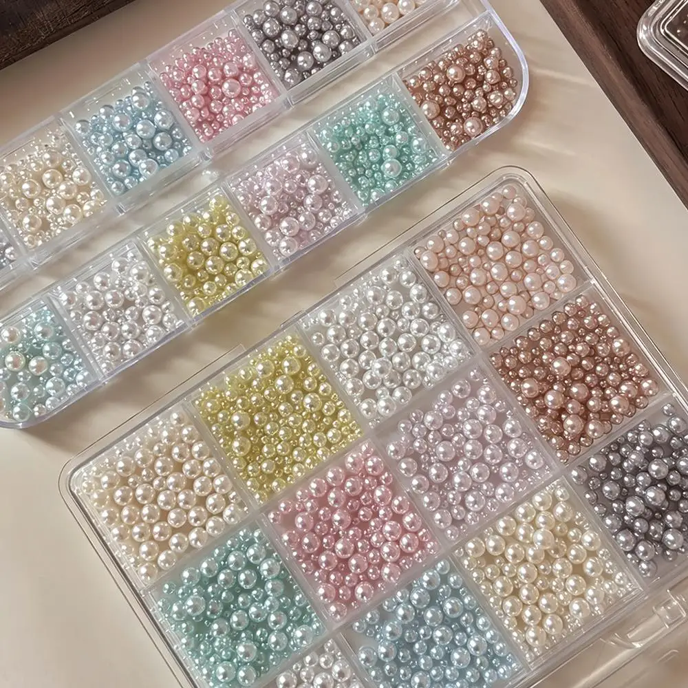 12Grids 3D Hight-Glossy Round Pearls Nail Charms Mixed-Sizes Dopamine Colors Pearl Beads Nails Art Decoration DIY Manicure Parts