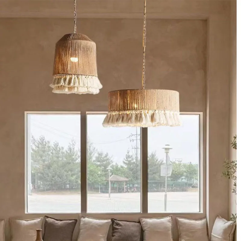 Bohemian Tassels Pendant Lamps Handmade Weaving Hemp Rope Adjustable Cord Pendant Light Bedroom Dining Room And Living Room