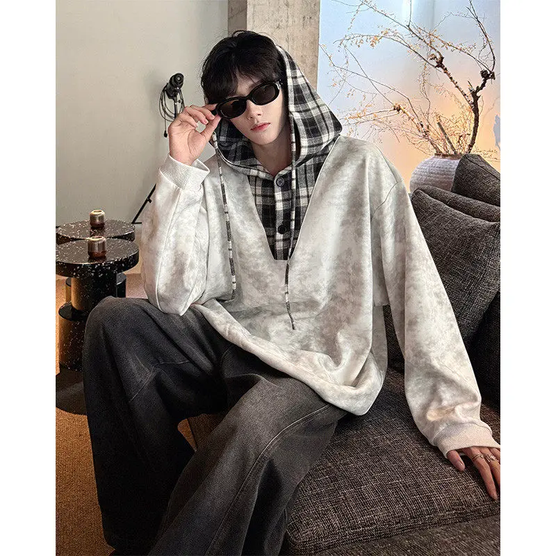 

Retro American Dyed Hoodie Men's Spring Lazy Loose Design Sense Overhead Plaid Patchwork Top Casual Long Sve Sweatirt