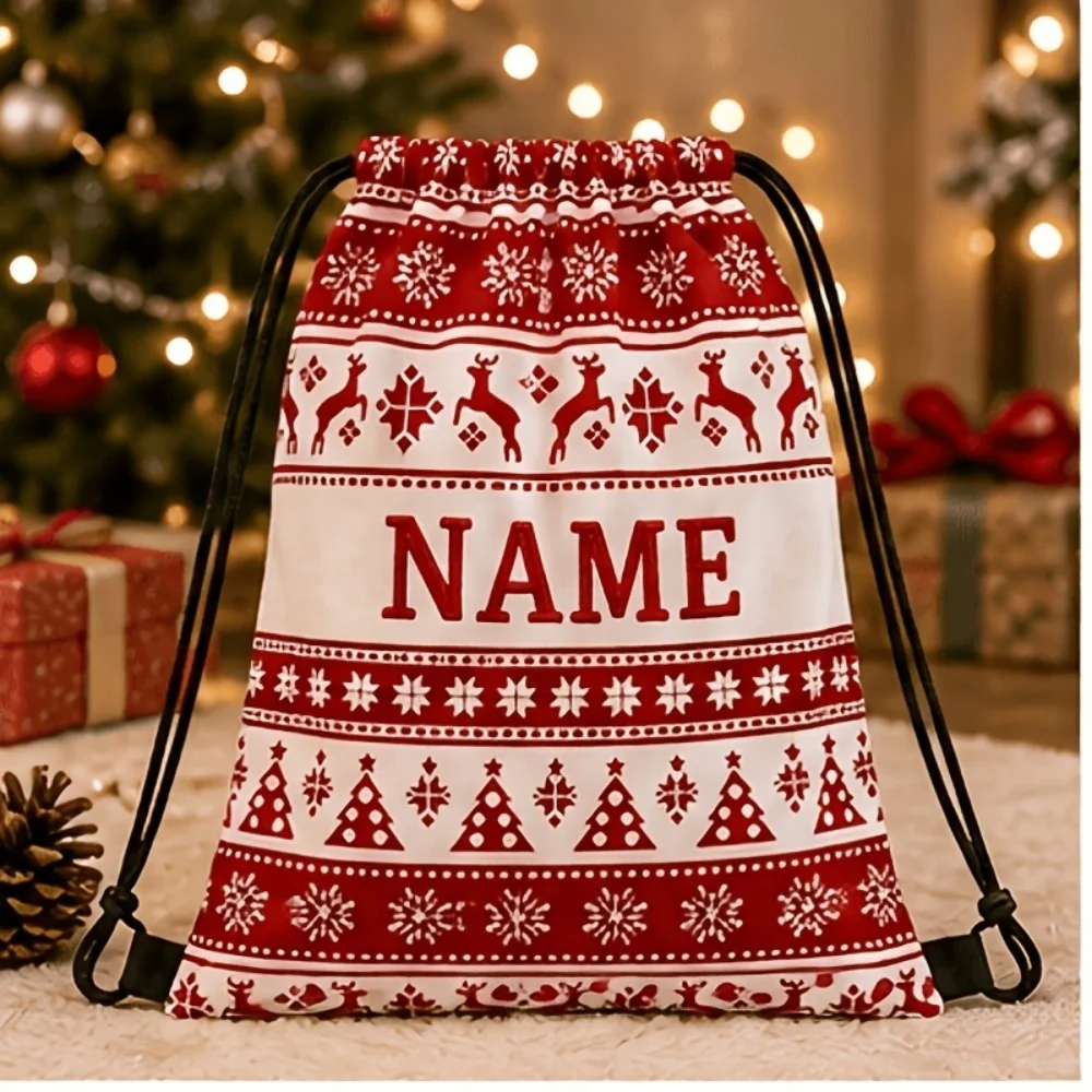 Personalized Custom Name Drawstring Bag, Christmas Fair Isle Reindeer Snowflake Lightweight Backpack for Xmas Gift Party Storage