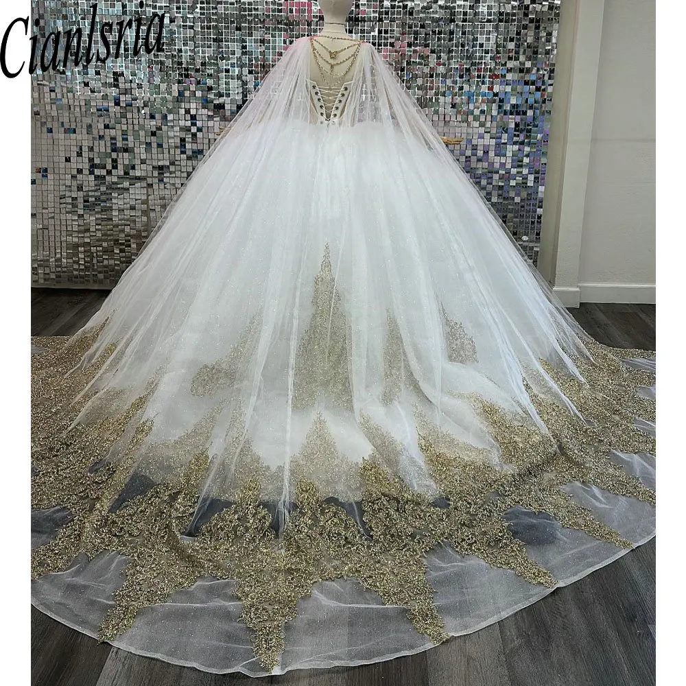 

White Crystal Beading Ball Gown Quinceanera Dresses With Cape Gold Sequined Appliques Sweet 16 Corset Vestido De 15 Anos