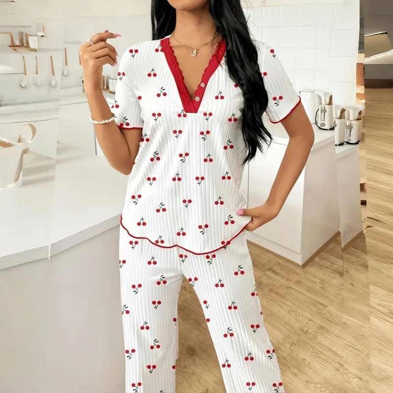 Ladies' Spring and Autumn Home Furnishings Printed Short Sleeves Wide Legs Long Pants Comfortable To Wear Outside Pajamas Daily