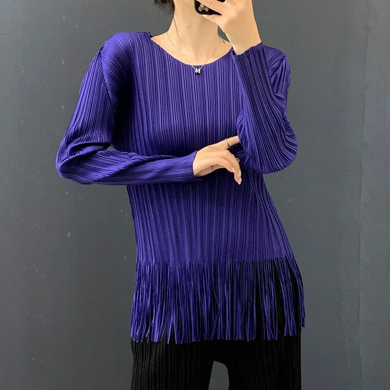 Miyake-Camiseta plisada de manga larga con borlas para mujer, blusa elástica con cuello redondo, nueva versión coreana de primavera y otoño