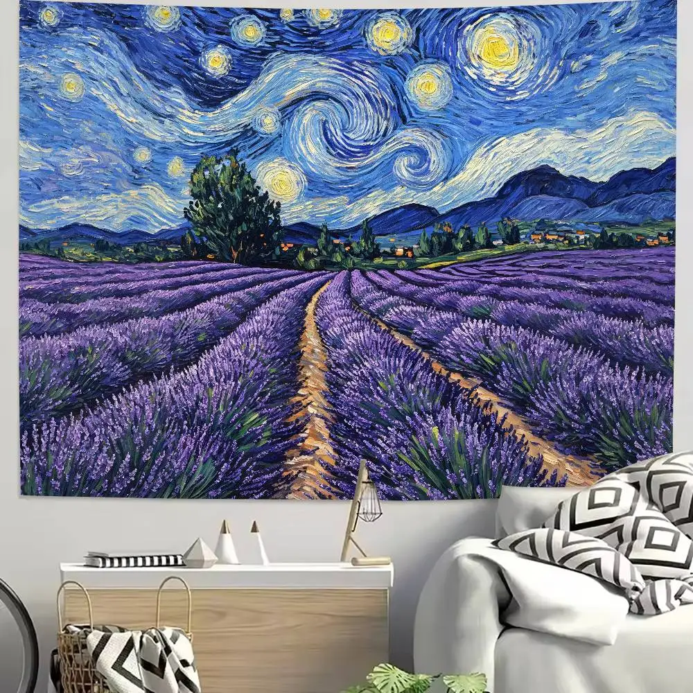 Starry Night Lavender Field Wall Tapestry Swirl Star Sky Purple Flower Meadow Landscape Hanging Art Backdrop Bedroom Dorm Decor