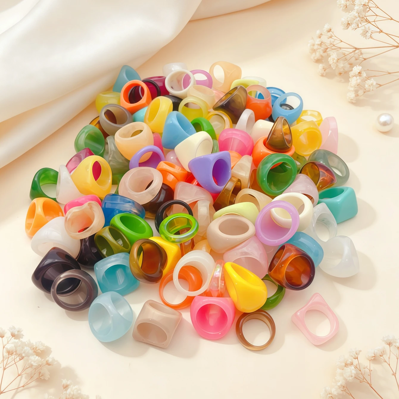 10/15/20/30/50/100Pieces Fashion Colorful Glossy Transparent Geometry Resin Rings For Women Mix Style Simple Jewelry Party Gifts