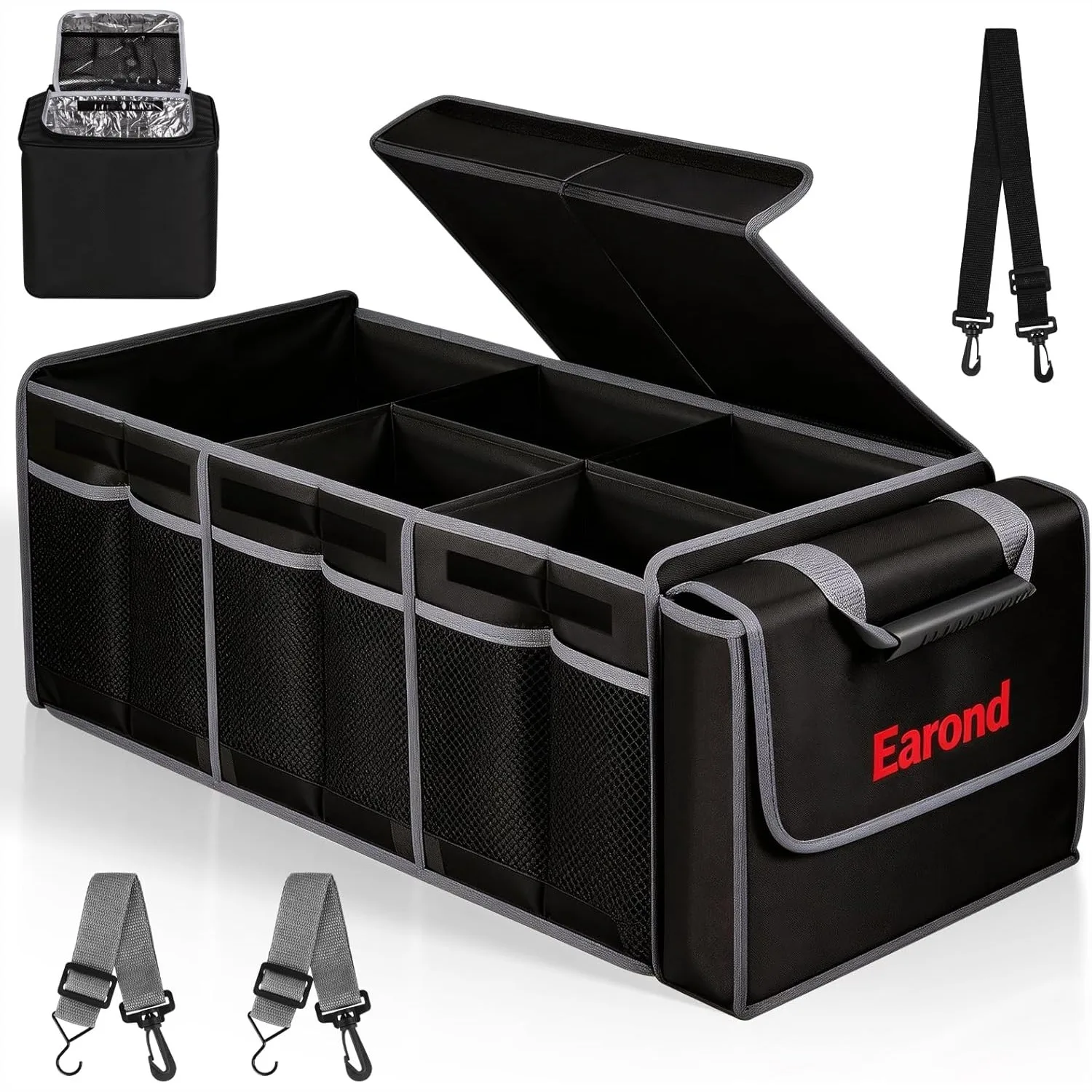 

Collapsible Trunk Organizer with Insulated Cooler Bag, Removable Lid, Adjustable Straps, 3 Compartments for SUV Truck Sedan