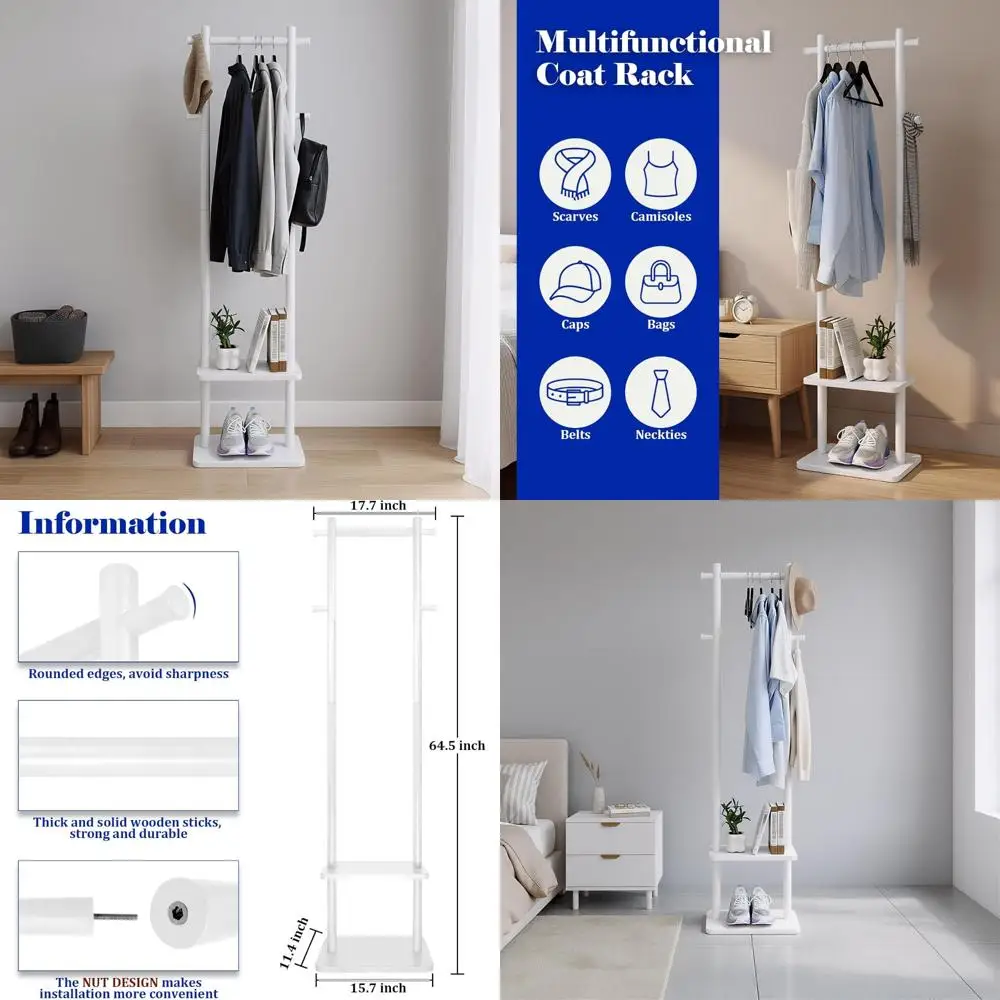 

Сверхмощная деревянная вешалка для одежды с полками, отдельно стоящий органайзер для одежды для прихожей, спальни, гостиной