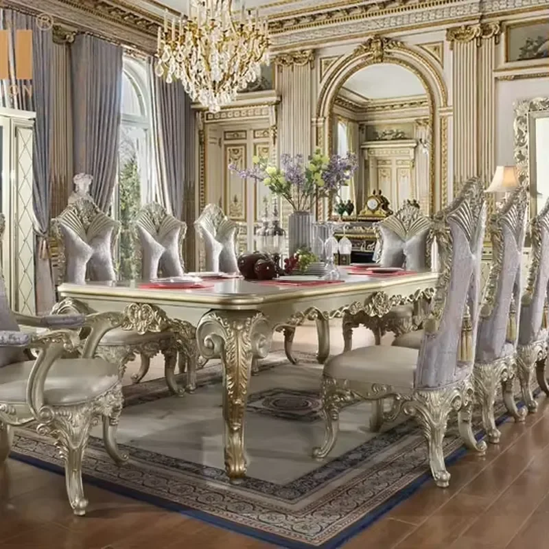 Solid Wood High-end Long Dining Table Gold Plated Wooden Carving Home Villa Fine Table Retro Classic Style Light Table