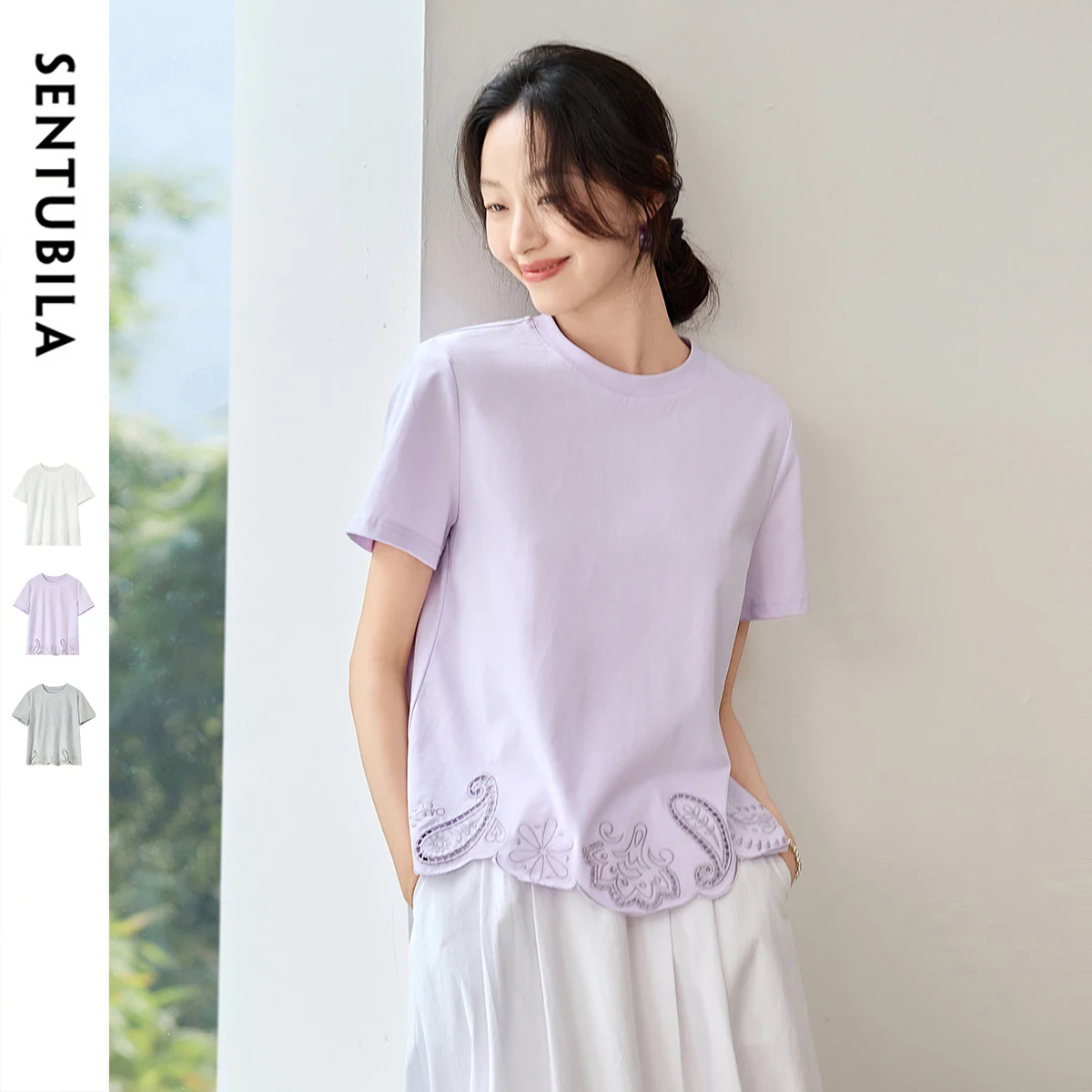 

SENTUBILA High Quality Short Sleeve Tee Women's Hollow Design T Shirt Summer Embroidered Tops 2025 Straight Neckline 152TG1611