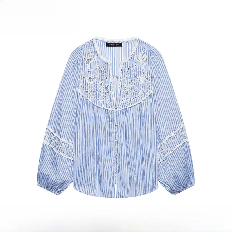 

Spring Summer New Arrival Women's Fashionable Striped Embroidered Shirt ZR Style Versatile Polyester Fiber Long Sleeve Blouse