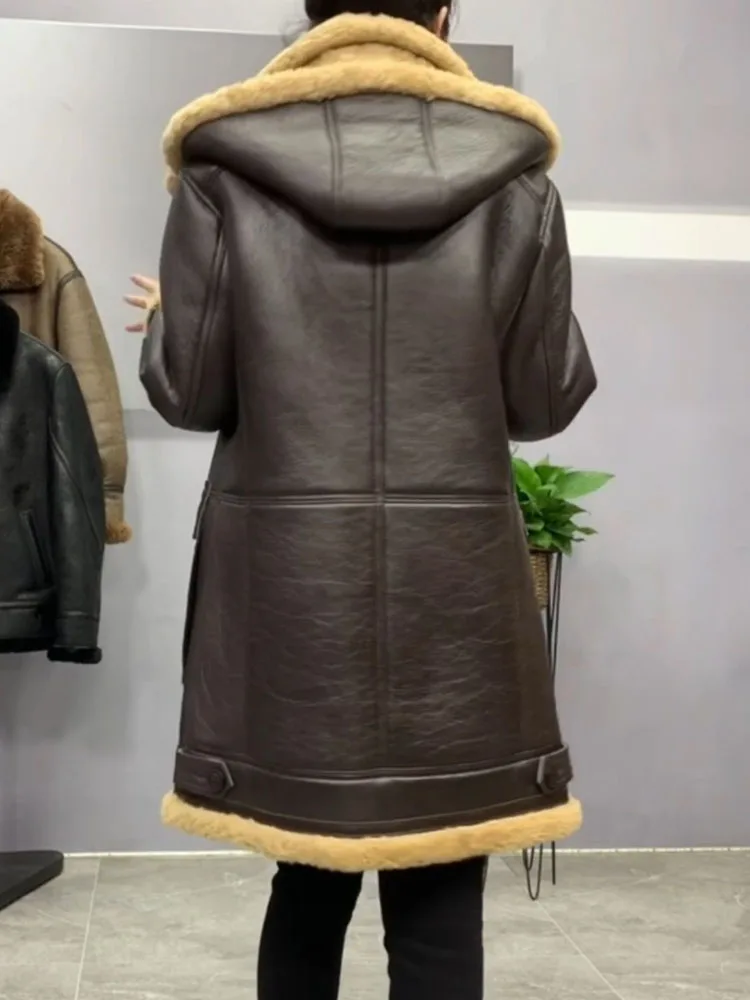 Men and Women\'s Winter Warm Coat Long Jacket Genuine Sheepskin Lambskin Shearling Wool Liner Hooded Brown XXXXXXXXL 5XL 6XL 7XL