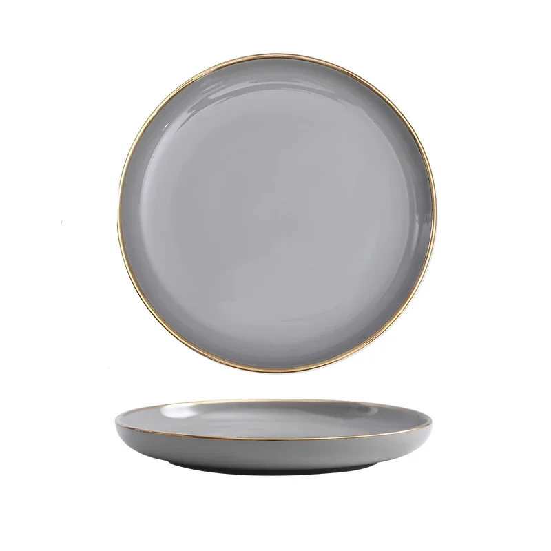 Light Luxury Ceramic Plate Fashion Smoke Gray Golden Rim Dinner Plates Dessert Dish Soup Bowl Dinning Room Western Tableware Set