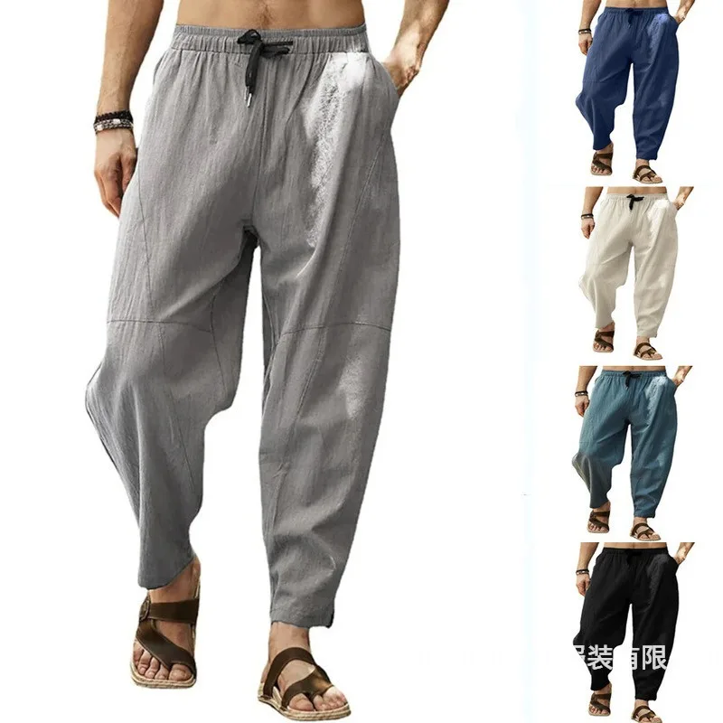 

2025 Summer Cotton Linen Drawstring Casual Pants for Men Classic Breathable Comfortable Wide Leg Pants Hip Hop Social Trousers