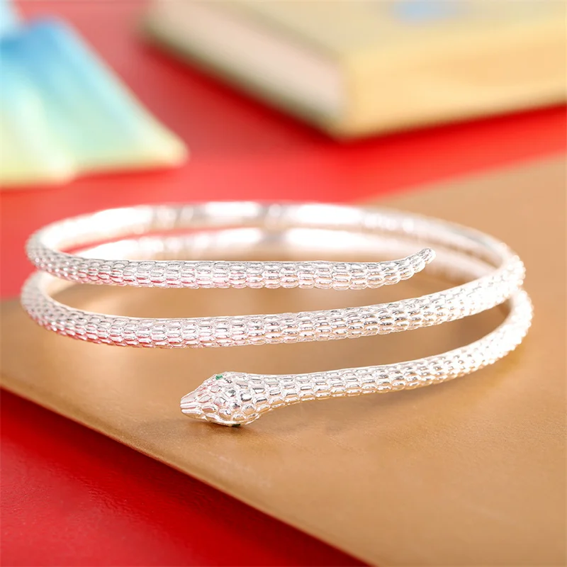 S999 Sterling Silver Charms Bracelets for Women  Three Circles Spirit Snake Silver Colored Bangle Fashion Jewelry Wholesale