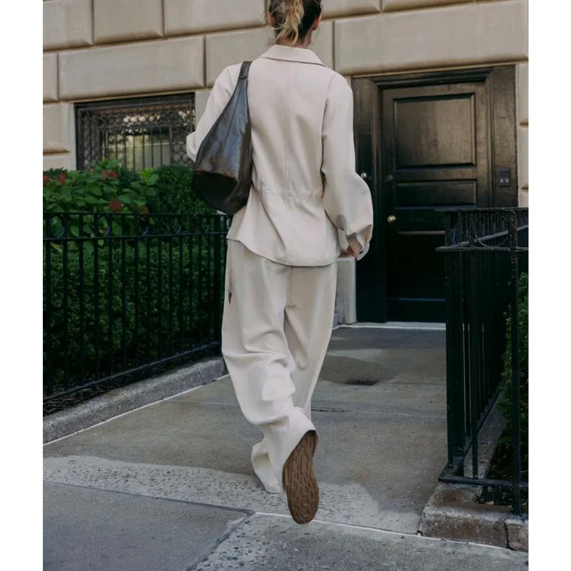 High Waist Wide Leg Casual Long Pants Coat ket Decorated Flip Collar Waist ket Women's Faion Set Autumn Season