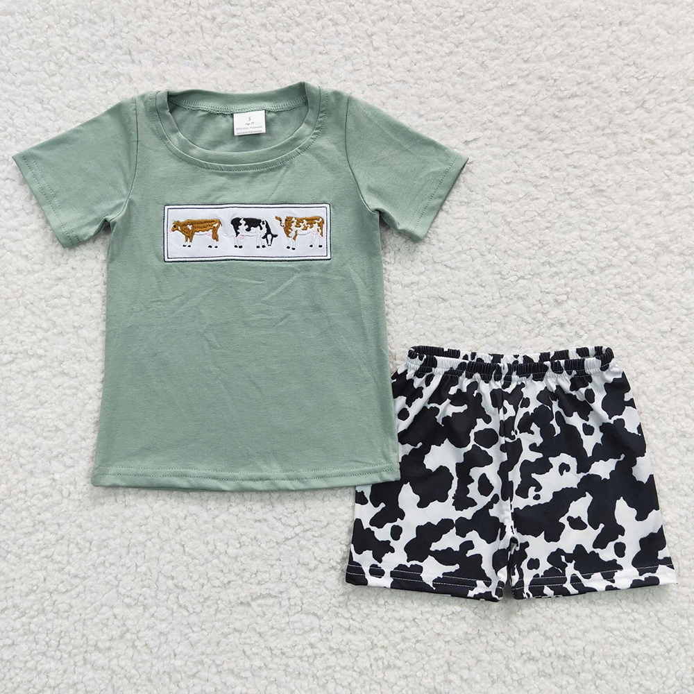 Wholesale Western Toddler Kid Summer Embroidery Short Sleeves Cotton Set Children Cow Shorts Matching Baby Boy Girl Green Outfit