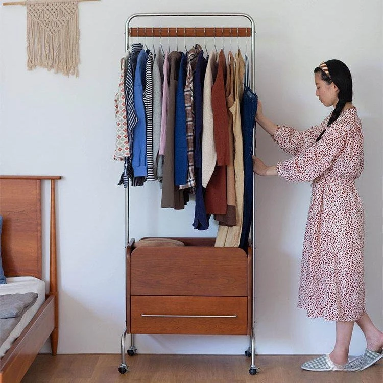 Simple floor solid wood hanger bedroom coat rack light luxury stainless steel clothing rack