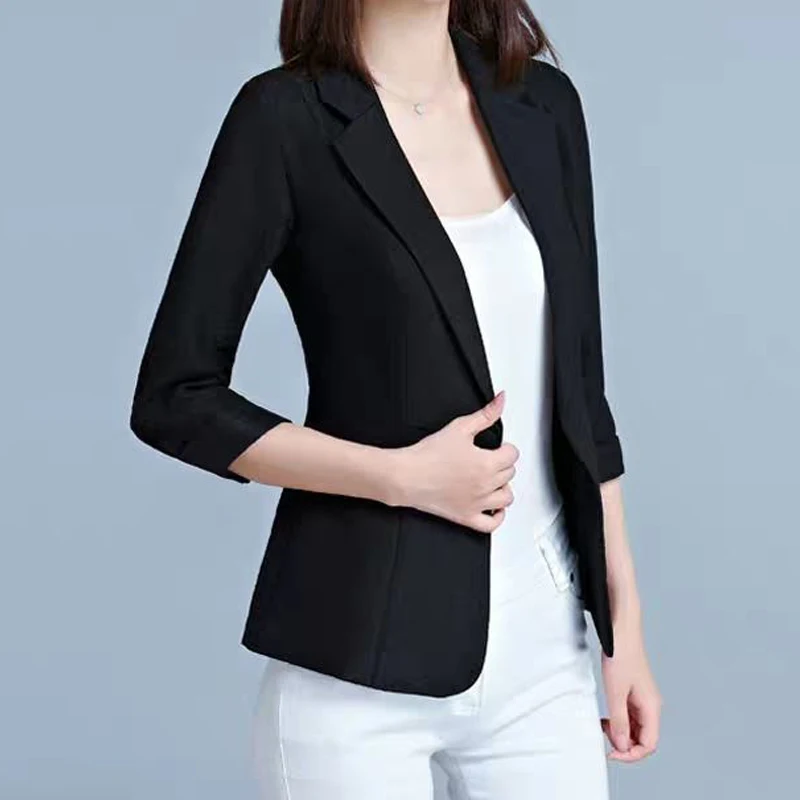 Women\'s Korean Fashion 3/4 Sleeve Solid Slim Cotton Linen Blazers Jacket Spring Summer Elegant Office Lady Casual Thin Suit Coat