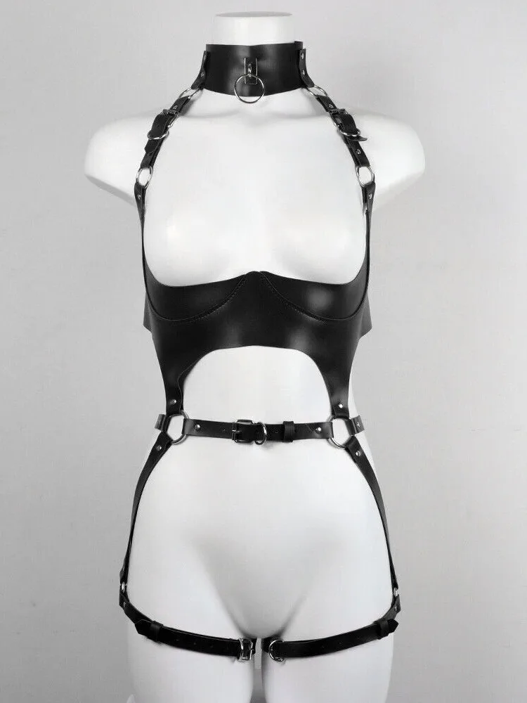 Sexy Women Bodystockings With PU Leather Belt Harness Fetish Harness Bondage With Chain Garter Belt Gothic Thigh Sword Belt Sets