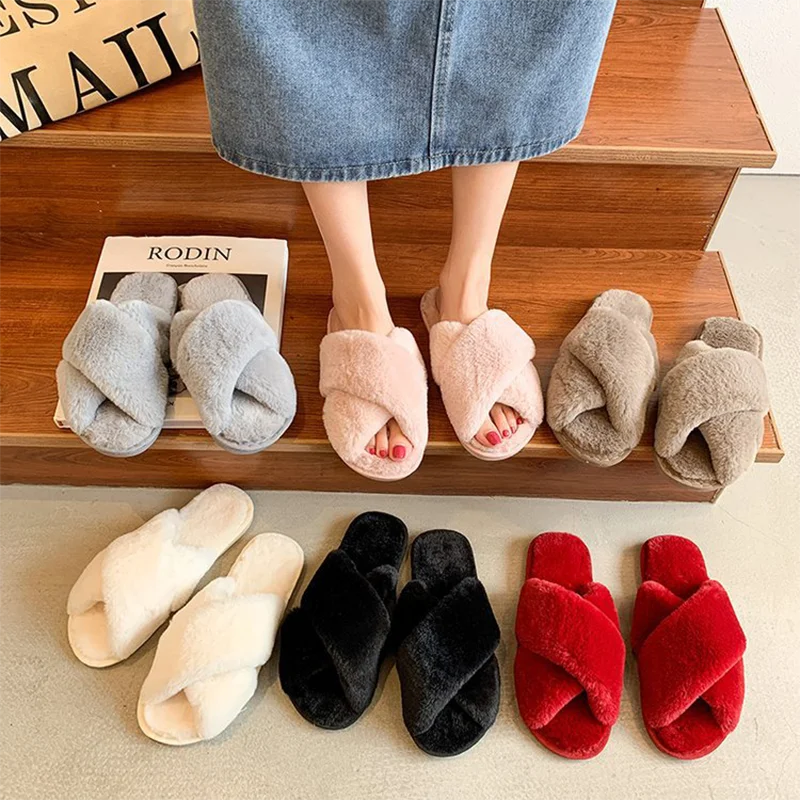 Winter Women House Slippers Faux Fur Fashion Warm Shoes Woman Slip on Flats Female Slides Black Pink cozy home furry slippers