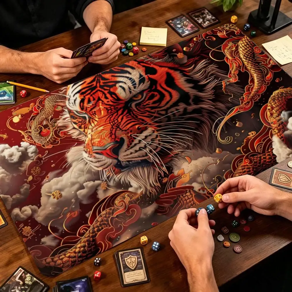 Mythical Dragon Tiger Cloud Art Non‑Slip Rubber Game Playmat Smooth Table Mat For Tabletop Card Game Desktop Gaming Work Setup