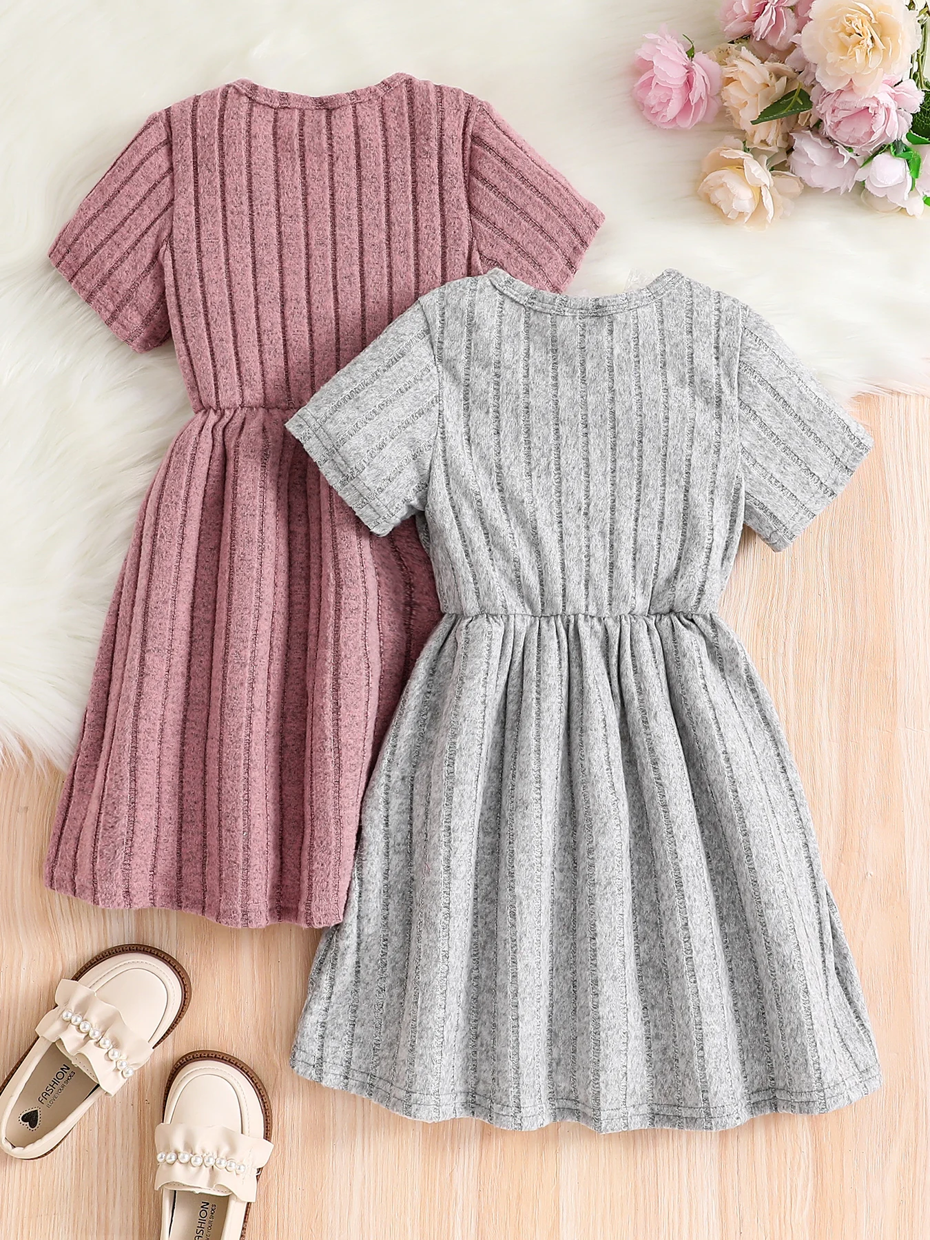 2025 Girls summer daily casual simple knitted round neck short sleeve solid color pit strip dress casual skirt 2 sets