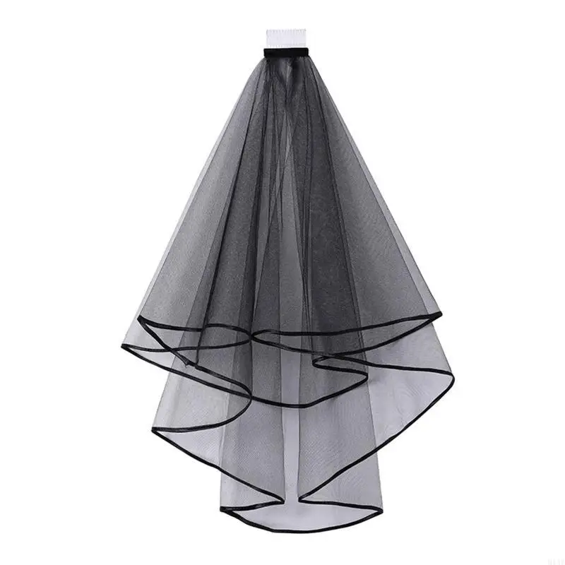 91AF Double Layer Mesh Tulle Color Women Short Wedding Veil with Comb Ribbon Center Cascade Bride Party Headpiece