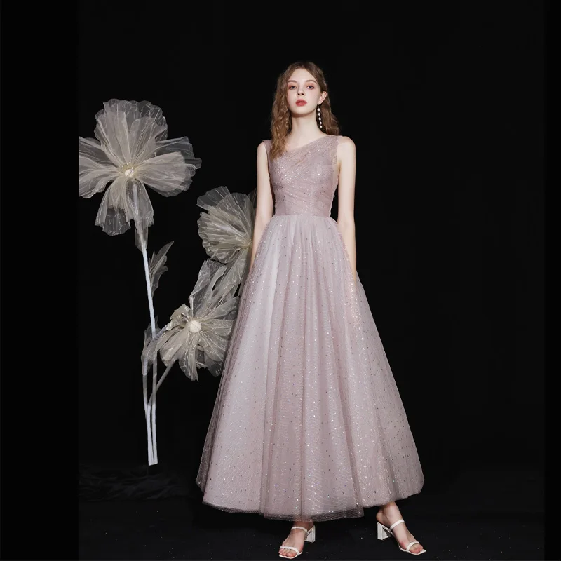 

It's Yiiya Evening Dress Dust Pink Bling V-neck Sleeveless Pleat Lace up A-line Ankle Length Plus size Women Party Formal Gowns