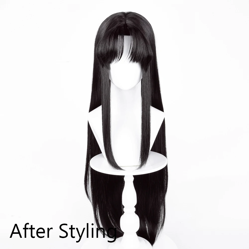 

Длинный прямой черный синтетический парик с челкой, термостойкий аниме-игровой косплей, пушистый парик для повседневной вечеринки