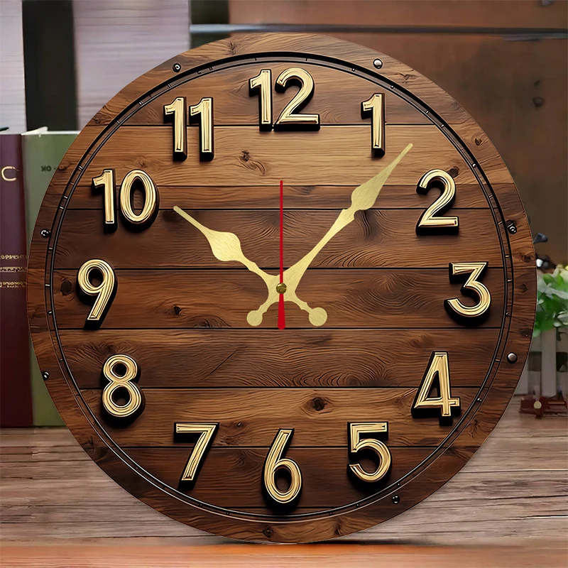 2D-Flat Wooden Design Wooden Round Silent Hanging Wall Clock,Suitable For Living Room,Office,Study Room,Bedroom,Home Decoration