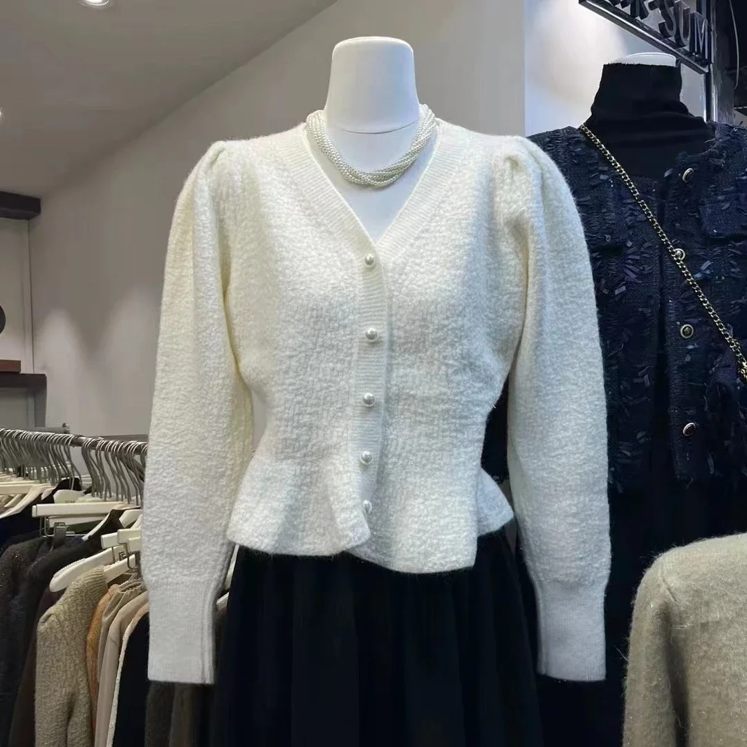 Cardigan lavorato a maglia da donna Moda coreana Girovita a coda di pesce Top lavorato a maglia monopetto con scollo a V Giacca maglione 2024