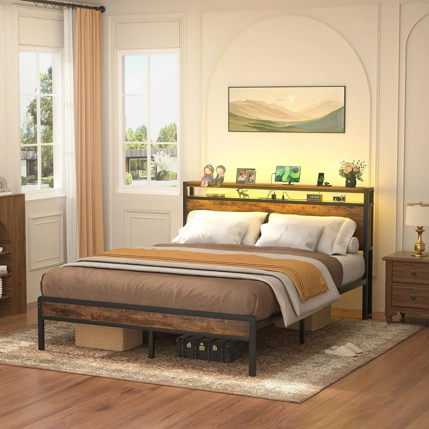 Queen Size Bed Frame with Charging Station and Led Lights, Industrial Platform Bed with Storage Headboard, Steel Slat S