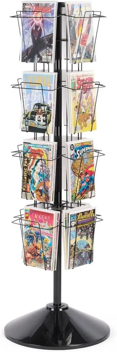 59" Tall Metal Wire Rotating Magazine Rack with 16 Pocket and Sign Holder - Black (WSFM416PB)