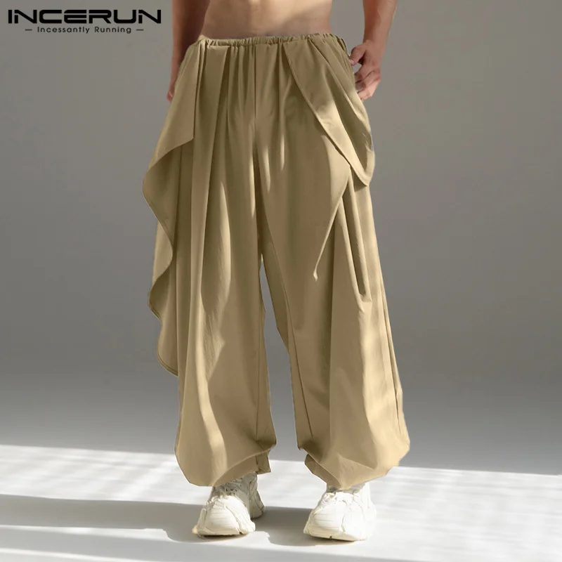 INCERUN Men Casual Long Pants 2024 Deconstruction Fake Two Piece Trousers Solid Color American Fashion Loose Male Bottoms S-5XL