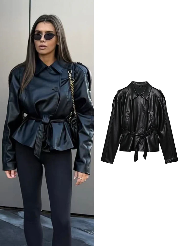 TFMLN Vrouwen Nieuwe Mode Imitatie Leren Jas Retro Lange Mouw Riem Jas Jas Casual Revers Button Up PU Bovenkleding Herfst