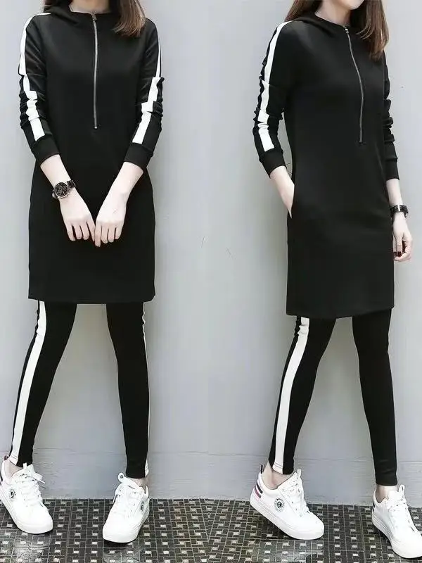 Spring New plus Size Sportswear Set with Hood Cover Belly Long Sleeve Thin Two-Piece Set for plus Size Women Casual Commute S...